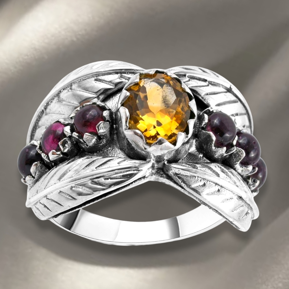 🔥PRICE DROP🔥NWT BRAZILIAN CITRINE, GARNET LEAF STERLING SILVER RING SZ 7